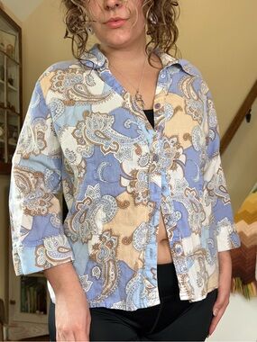Periwinkle 100% Linen Pastel Paisley Button Up Blouse 3/4 Sleeve Boho Top Large